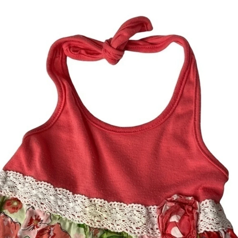 Pinky Girls Halter Dress Size 5 Lace Waist Detail Floral and Polka Dot Print